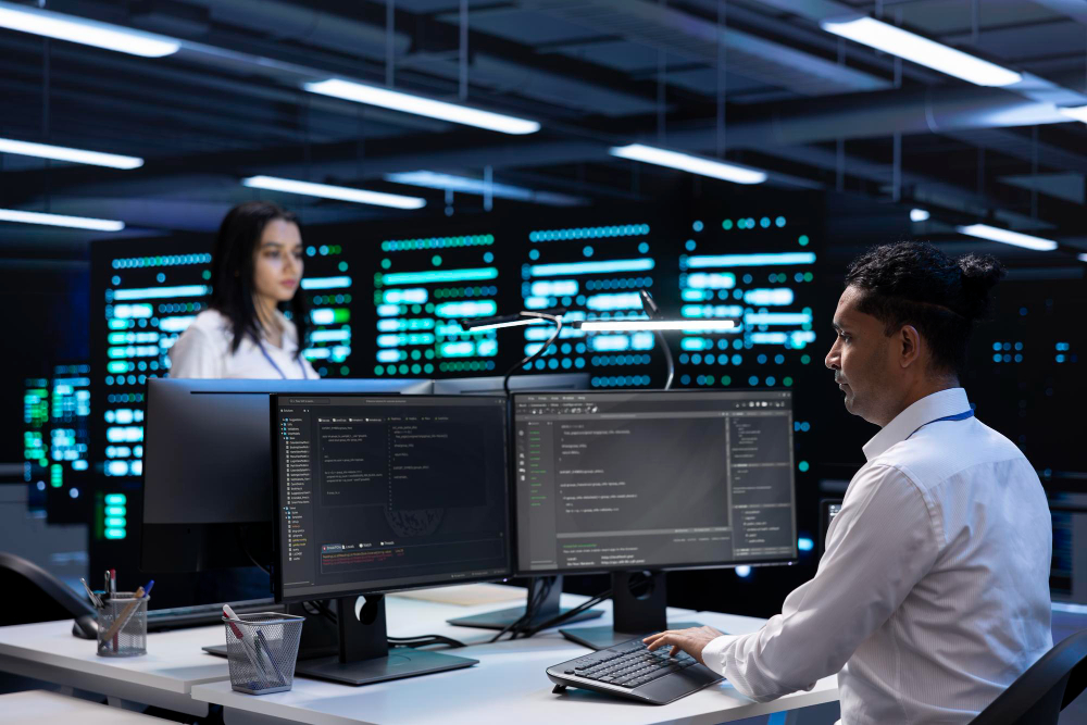Man and woman working in a server room with monitors on desks