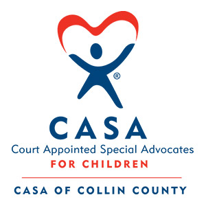 Logo for CASA of Collin County featuring a blue figure with raised arms forming a red heart above.