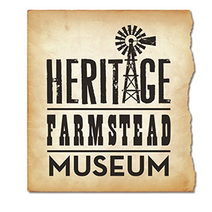 Vintage-style logo for Heritage Farmstead Museum with bold text and a windmill graphic on aged parchment.
