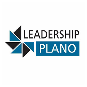Logo for Leadership Plano featuring a geometric pinwheel design and bold uppercase text.
