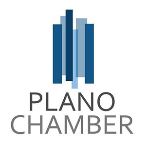 Logo for Plano Chamber featuring stylized blue vertical bars and bold uppercase text.