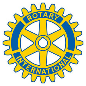 Rotary International emblem featuring a yellow gearwheel with blue text “Rotary International,” symbolizing service and global cooperation.