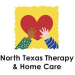 Logo for North Texas Therapy & Home Care featuring a red heart between two reaching hands, set against a textured yellow square.