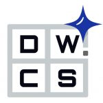 Logo with a 2x2 grid of bold black letters—D, W, C, S—each inside a gray-outlined square. A blue sparkle icon appears above the top-right square.