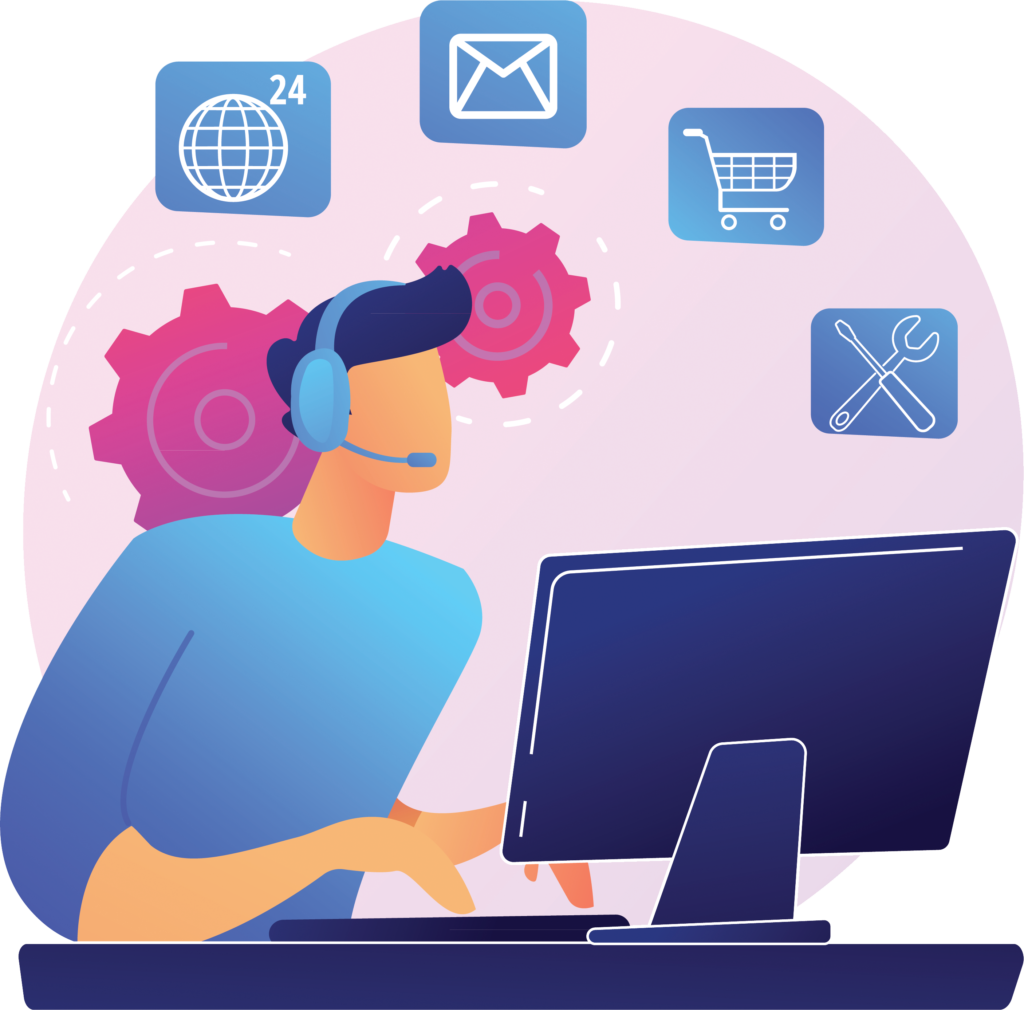 Stylized illustration of a customer support representative wearing a headset and typing at a computer, surrounded by icons for global 24/7 service, email, e-commerce, technical tools, and gears representing operational processes.