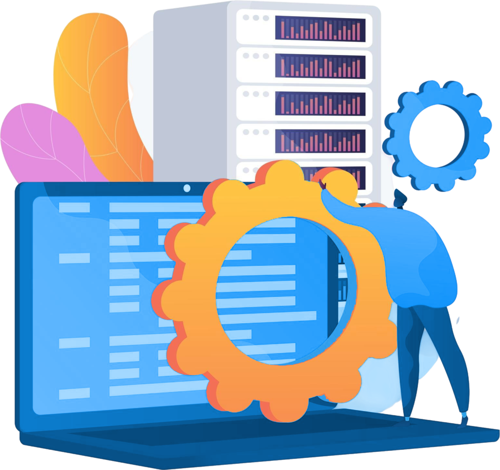 Stylized illustration of a person interacting with a large orange gear beside a laptop displaying code, with a server rack and abstract leaves in the background.