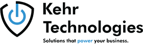 Logo for Kehr Technologies featuring a blue power button inside a shield, with the tagline “Solutions that power your business.”