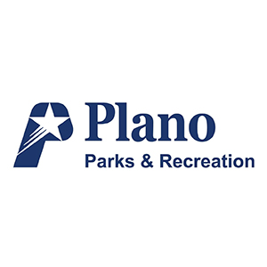 Logo for Plano Parks & Recreation featuring a stylized “P” with a star and diagonal stripes.