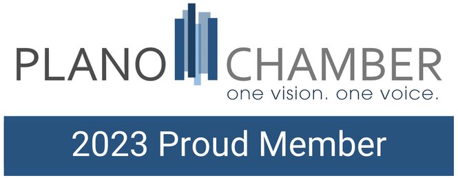 Promotional badge for the Plano Chamber of Commerce featuring vertical bar logo, the tagline “one vision. one voice.” and a blue banner stating “2023 Proud Member.”